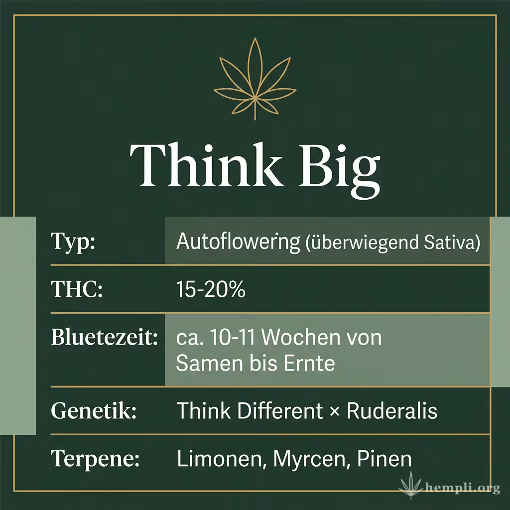 Infografik mit Think Big Key Facts: Typ Autoflowering (überwiegend Sativa), THC 15-20%, Bluetezeit ca. 10-11 Wochen von Samen bis Ernte, Genetik Think Different × Ruderalis und Terpene Limonen, Myrcen, Pinen