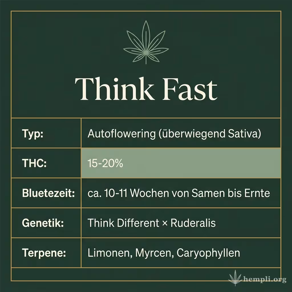 Infografik mit Think Fast Key Facts: Typ Autoflowering (überwiegend Sativa), THC 15-20%, Bluetezeit ca. 10-11 Wochen von Samen bis Ernte, Genetik Think Different × Ruderalis und Terpene Limonen, Myrcen, Caryophyllen
