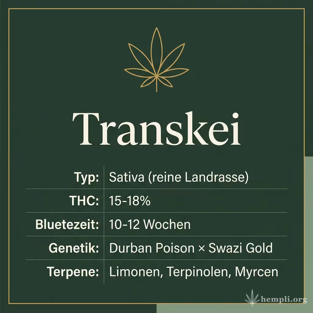 Infografik mit Transkei Key Facts: Typ Sativa (reine Landrasse), THC 15-18%, Bluetezeit 10-12 Wochen, Genetik Durban Poison × Swazi Gold und Terpene Limonen, Terpinolen, Myrcen