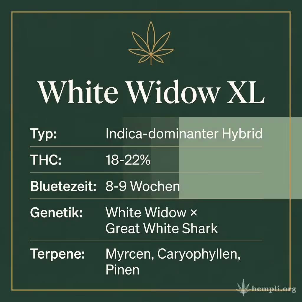 Infografik mit White Widow XL Key Facts: Typ Indica-dominanter Hybrid, THC 18-22%, Bluetezeit 8-9 Wochen, Genetik White Widow × Great White Shark und Terpene Myrcen, Caryophyllen, Pinen