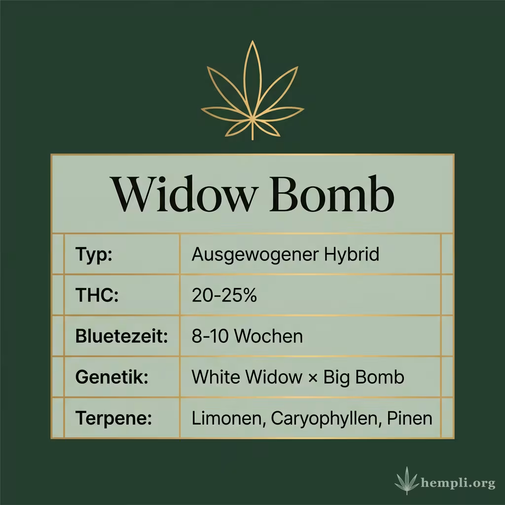 Infografik mit Widow Bomb Key Facts: Typ Ausgewogener Hybrid, THC 20-25%, Bluetezeit 8-10 Wochen, Genetik White Widow × Big Bomb und Terpene Limonen, Caryophyllen, Pinen