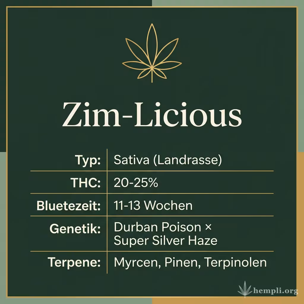 Infografik mit Zim-Licious Key Facts: Typ Sativa (Landrasse), THC 20-25%, Bluetezeit 11-13 Wochen, Genetik Durban Poison × Super Silver Haze und Terpene Myrcen, Pinen, Terpinolen